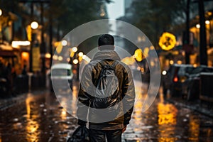 a man with a backpack walks along an evening road in the rain generative ai