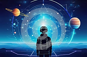 A man with a backpack is on the way to new technologies in outer space with flying planets. Time travel