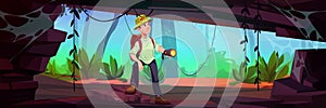 Man backpacker explore jungle forest cave vector