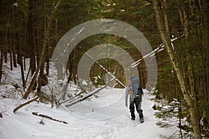 Man is backpacking in winter forest