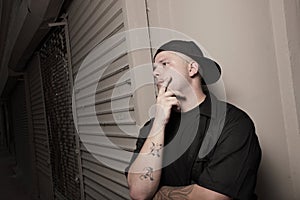 Man with a backwards hat