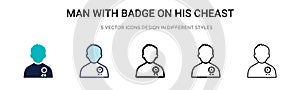 Man with badge on his cheast icon in filled, thin line, outline and stroke style. Vector illustration of two colored and black man