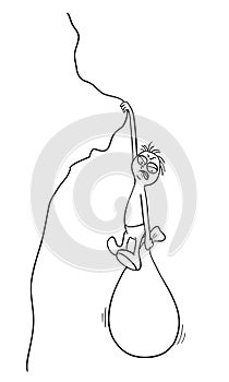 Man with a bag hanging over the precipice, vector