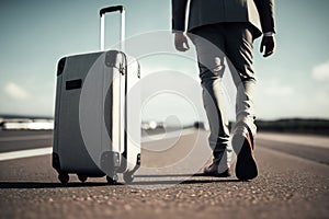 Man With Bag And Suitcase Walking In Airport Terminal. Rear View Of Young Male with suitcase. Generative AI