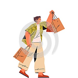 Man with bags in hurry to shop,supermarket. Vector