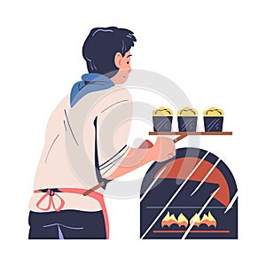 Man Baker in Apron Putting Dough in Hot Oven Vector Illustration