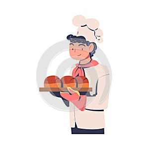 Man Baker in Toque Holding Hot Bread Loaf on Tray with Potholder Vector Illustration