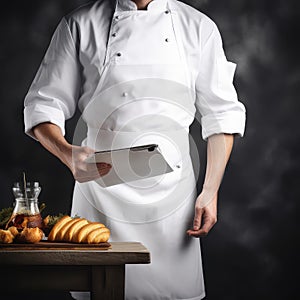 Man baker in white chef uniform holding paper for notes and small pastry on table. Croissant, bread, honey in cafeteria