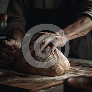 Man bakes prepares delicious appetizing bread, close-up,