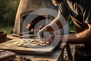 Man Baking Delicious Woodfired Artisanal Pizza Outdoors Closeup. Generative AI