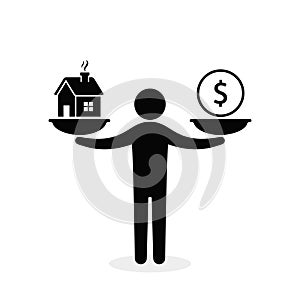 Man balances Money and house on scales illustrtion. Coin and house balance on scale. Real estate sale. Weights with house and