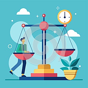 A man balances on a scale with a clock on top, symbolizing time and balance, working with time constraints, Simple and minimalist