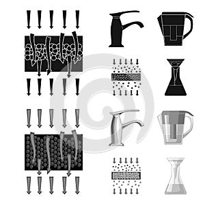 Man, bald, head, hand .Water filtration system set collection icons in black,monochrome style vector symbol stock