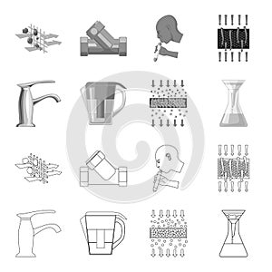 Man, bald, head, hand .Water filtration system set collection icons in outline,monochrome style vector symbol stock