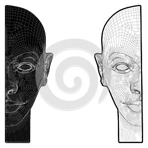 Man With Bald Head Vector. The Male Head Is Divided Into Two Parts Black And White. Split Male Head.