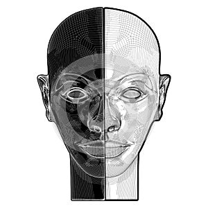 Man With Bald Head Vector. The Male Head Is Divided Into Two Parts Black And White. Split Male Head.