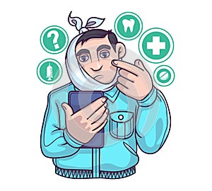 Man with a bandage on face holding smartphone, getting online medical consultations