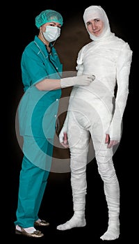 Man in bandage and nurse with stethoscope
