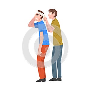 Man Bandaging Head of Injured Person, Guy Helping Young Man with Injury, First Aid Vector Illustration