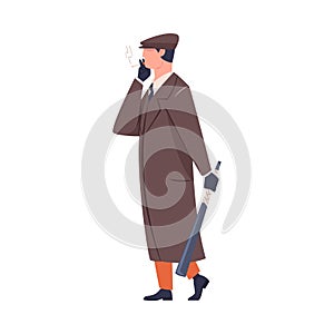 Man Bandit or Gangster of Old London Wearing Overcoat and Peaked Flat Cap Vector Illustration