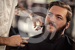 Man barber with scissors cut the mustache