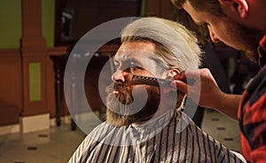 Man at barbershop. Hairdresser salon. Professional barber and client. Trimming beard close up. Maintaining beard shape
