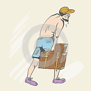 A man with a bare torso and blue shorts carries heavy suitcases.