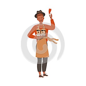 Man Barista Coffee Lover in Apron Holding Hot Aromatic Beverage in Paper Cup Vector Illustration