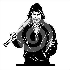 Man with a baseball bat. Thug - Ghetto Warrior. Vector illustration isolated on white