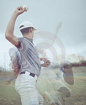 Man, baseball and double exposure, baseball player and sport, skill and ball, pitch on baseball field for game. Sports