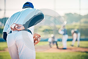 Man, baseball and pitcher ready to throw ball for game, match or victory shot on grass field at pitch. Male sports