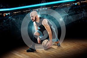 Man in basketball action game dribbles