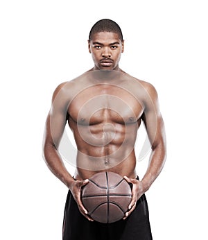 Man, basketball player and portrait for training, standing and shirtless on white background, confident and game. Studio