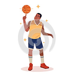 Man basketball player, spinning ball on his finger. Professional male athlete in shorts and t-shirt. Sportsman training