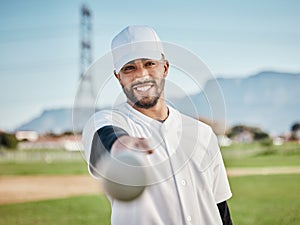 Man, bat or baseball player portrait on field, sports grass or arena grounds for game, match or competition workout