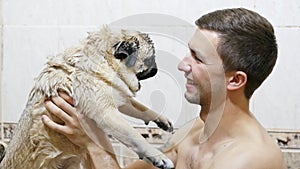 Man bathes the cute pug in the bathroom. Holds the dog in his arms