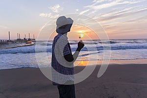 Man Beach Sunrise Silhouetted