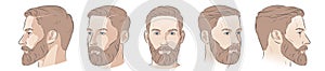 Man with beard. Barbershop trimming bearded hipster hairstyle. Stylish haircut. Set of man face portrait different angle