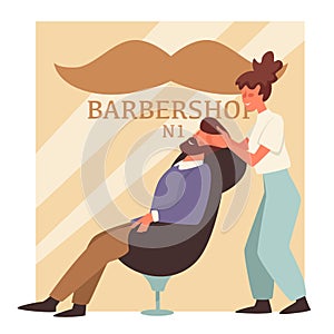 Man with beard in barbershop and woman barber, hairstyle and head massage
