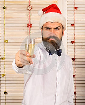Man with beard and bow tie holds glass of champagne.