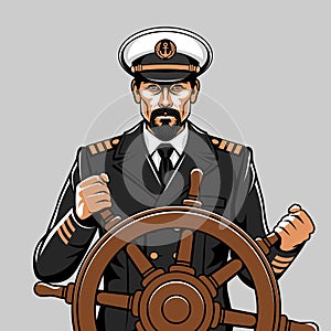 Man with a beard in a captain's uniform at the helm of the ship