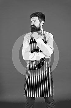 Man with beard cook hipster apron. Hipster chef cook red background. Bearded man chef cooking. Restaurant staff and