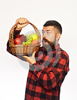 Man with beard holds basket with fruit isolated on white background. Guy holds homegrown harvest. Farmer with surprised