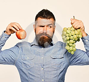 Man with beard holds bunch of green grapes and apple isolated on white background. Winegrower with tricky face holds
