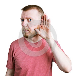 Man with a beard is listening to something