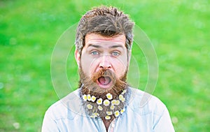 Man with beard and mustache enjoy spring, green meadow background. Springtime concept. Hipster on shocked surprised face
