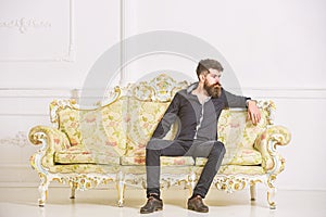 Man with beard and mustache spends leisure in luxury living room. Hipster on thoughtful face sits alone. Rich and lonely