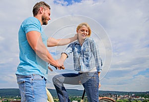 Man with beard and shy blonde lady on first date. How to meet girls while riding bike. Picking up girl. Woman feels shy