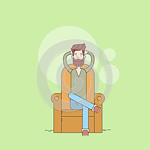 Man Beard Sitting In Armchair Relaxing Comfort Home Thin Line