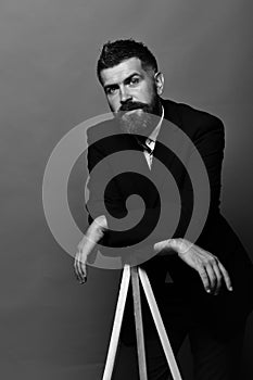 Man with beard wearing classic suit. Photography and profession concept